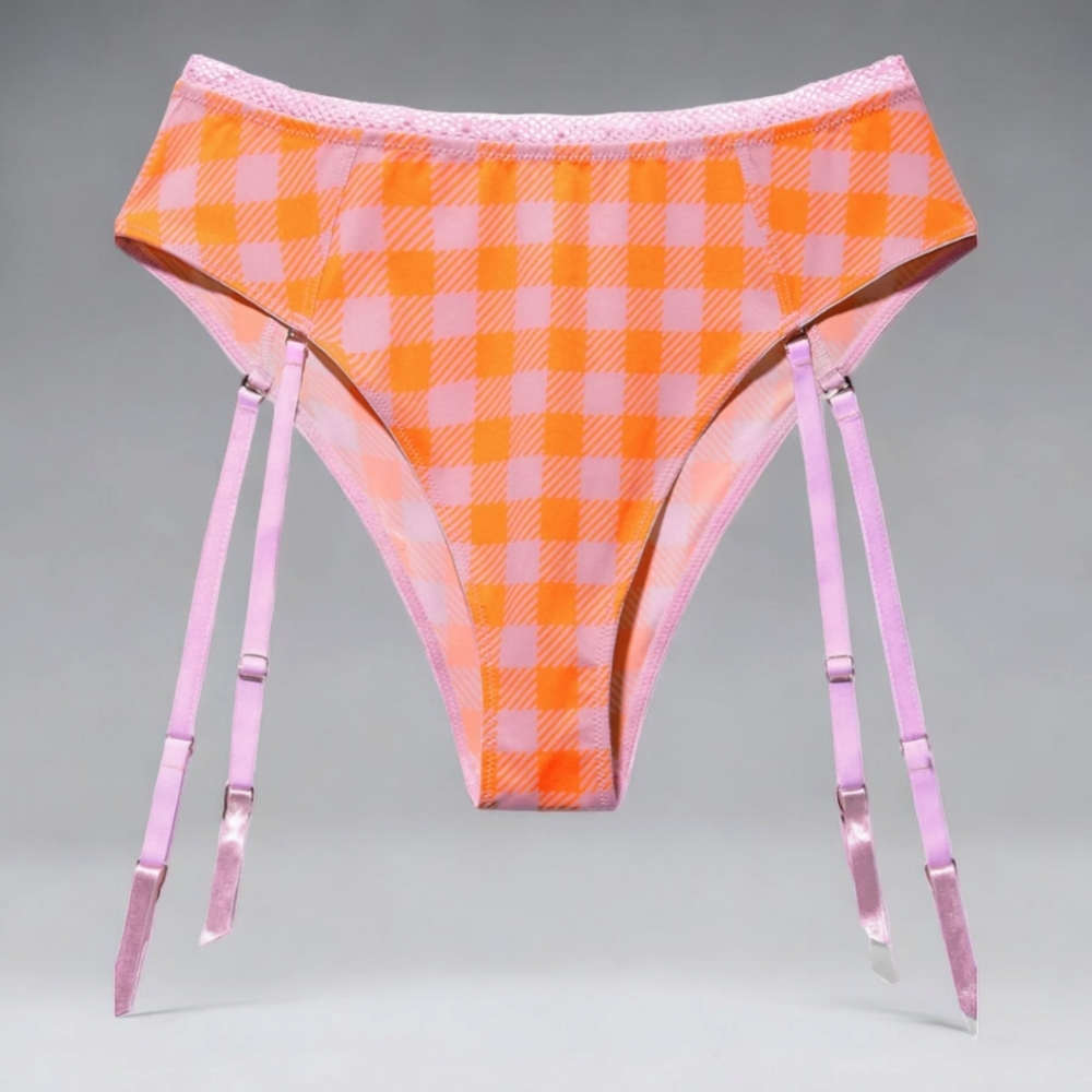 GINGHAM REMIX HIGH-WAIST CHEEKY W/ GARTER CHECK'D OUT PRINT SZ LARGE